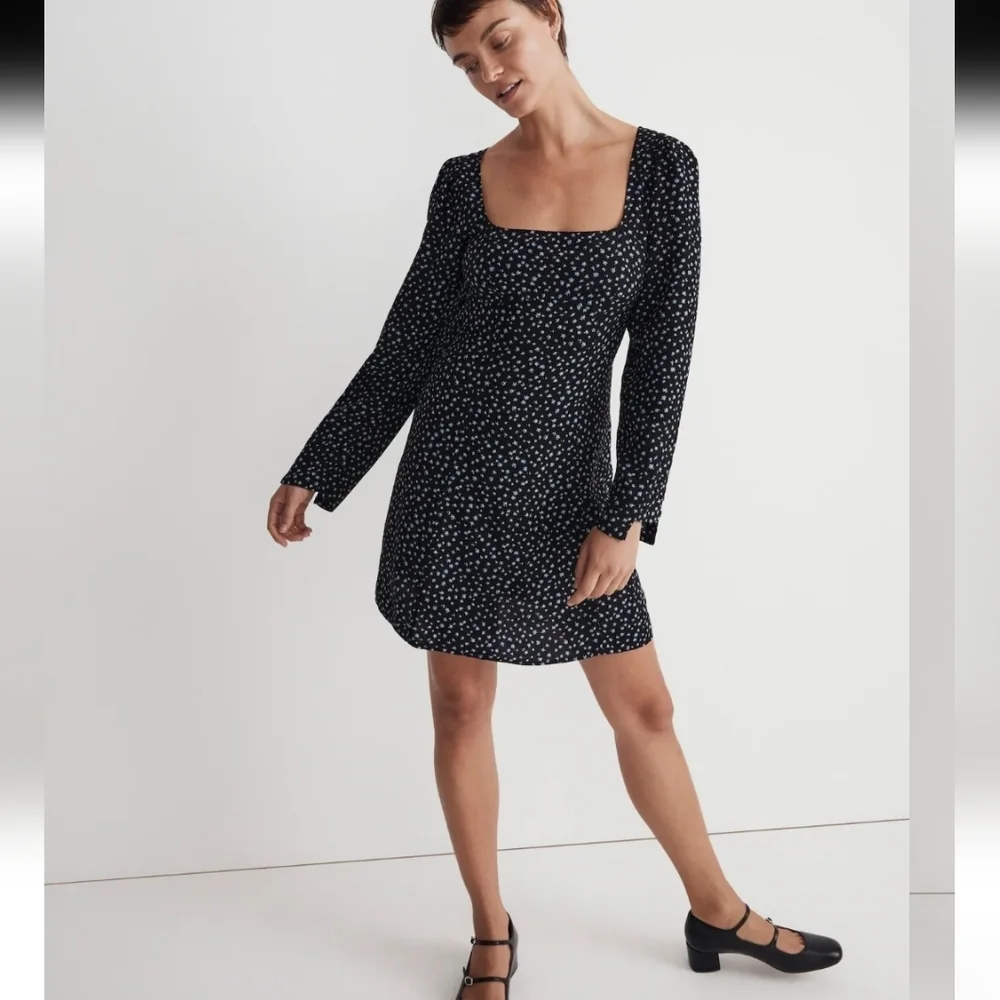 Madewell Women's Black Ditsy Floral Seamed Mini Dress 6 Square Neck Retro Party